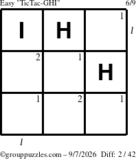 The grouppuzzles.com Easy TicTac-GHI puzzle for Monday September 7, 2026, suitable for printing, with all 2 steps marked