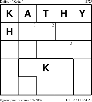 The grouppuzzles.com Difficult Kathy puzzle for Monday September 7, 2026 with the first 3 steps marked
