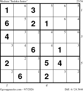 The grouppuzzles.com Medium Sudoku-Junior puzzle for Monday September 7, 2026 with all 6 steps marked