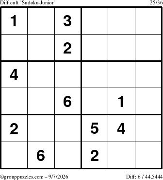The grouppuzzles.com Difficult Sudoku-Junior puzzle for Monday September 7, 2026