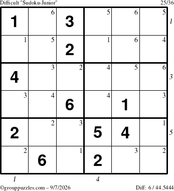 The grouppuzzles.com Difficult Sudoku-Junior puzzle for Monday September 7, 2026, suitable for printing, with all 6 steps marked