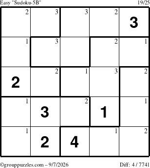 The grouppuzzles.com Easy Sudoku-5B puzzle for Monday September 7, 2026 with the first 3 steps marked