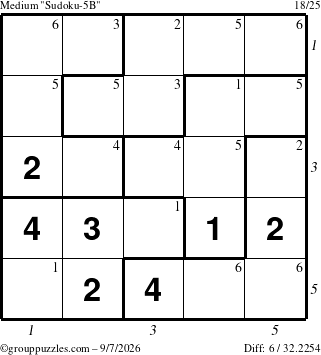 The grouppuzzles.com Medium Sudoku-5B puzzle for Monday September 7, 2026, suitable for printing, with all 6 steps marked