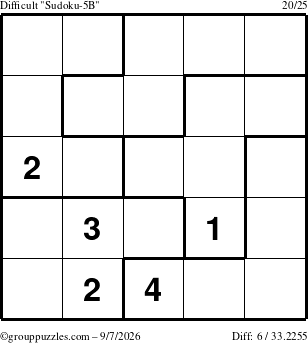 The grouppuzzles.com Difficult Sudoku-5B puzzle for Monday September 7, 2026