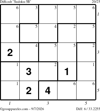 The grouppuzzles.com Difficult Sudoku-5B puzzle for Monday September 7, 2026 with all 6 steps marked