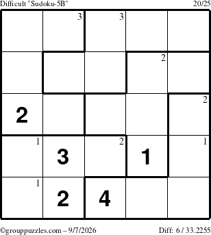 The grouppuzzles.com Difficult Sudoku-5B puzzle for Monday September 7, 2026 with the first 3 steps marked