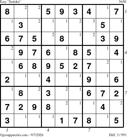 The grouppuzzles.com Easy Sudoku puzzle for Monday September 7, 2026, suitable for printing, with all 3 steps marked