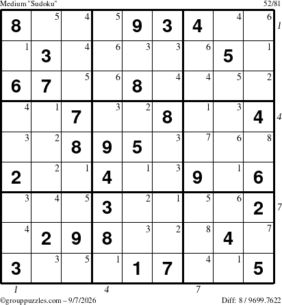 The grouppuzzles.com Medium Sudoku puzzle for Monday September 7, 2026, suitable for printing, with all 8 steps marked