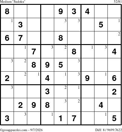 The grouppuzzles.com Medium Sudoku puzzle for Monday September 7, 2026 with the first 3 steps marked