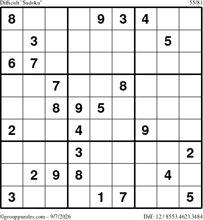 The grouppuzzles.com Difficult Sudoku puzzle for Monday September 7, 2026