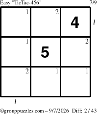 The grouppuzzles.com Easy TicTac-456 puzzle for Monday September 7, 2026 with all 2 steps marked