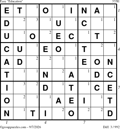The grouppuzzles.com Easy Education-c1 puzzle for Monday September 7, 2026 with all 3 steps marked