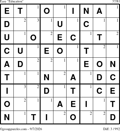 The grouppuzzles.com Easy Education-c1 puzzle for Monday September 7, 2026 with the first 3 steps marked