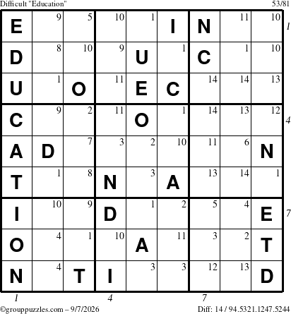 The grouppuzzles.com Difficult Education-c1 puzzle for Monday September 7, 2026, suitable for printing, with all 14 steps marked