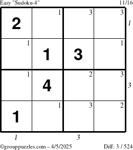 The grouppuzzles.com Easy Sudoku-4 puzzle for Saturday April 5, 2025, suitable for printing, with all 3 steps marked
