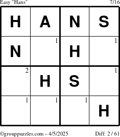 The grouppuzzles.com Easy Hans puzzle for Saturday April 5, 2025 with the first 2 steps marked