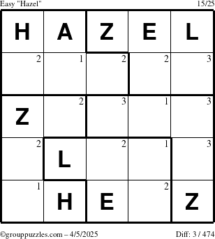 The grouppuzzles.com Easy Hazel puzzle for Saturday April 5, 2025 with the first 3 steps marked