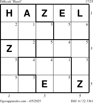 The grouppuzzles.com Difficult Hazel puzzle for Saturday April 5, 2025 with all 6 steps marked