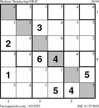 The grouppuzzles.com Medium Sudoku-6up-UR-D puzzle for Saturday April 5, 2025, suitable for printing, with all 6 steps marked