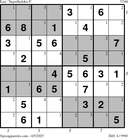 The grouppuzzles.com Easy SuperSudoku-8 puzzle for Saturday April 5, 2025 with all 4 steps marked