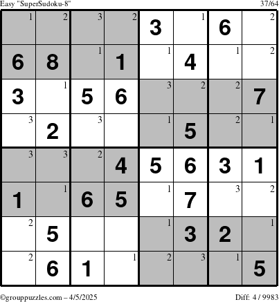 The grouppuzzles.com Easy SuperSudoku-8 puzzle for Saturday April 5, 2025 with the first 3 steps marked