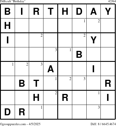 The grouppuzzles.com Difficult Birthday puzzle for Saturday April 5, 2025 with the first 3 steps marked