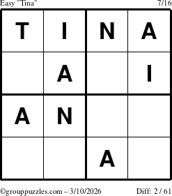 The grouppuzzles.com Easy Tina puzzle for Tuesday March 10, 2026