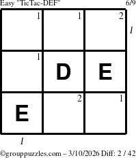 The grouppuzzles.com Easy TicTac-DEF puzzle for Tuesday March 10, 2026 with all 2 steps marked
