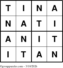 The grouppuzzles.com Answer grid for the Tina puzzle for Tuesday March 10, 2026