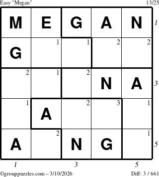 The grouppuzzles.com Easy Megan puzzle for Tuesday March 10, 2026, suitable for printing, with all 3 steps marked