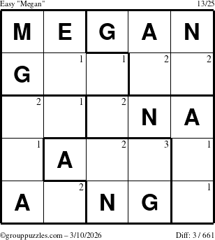 The grouppuzzles.com Easy Megan puzzle for Tuesday March 10, 2026 with the first 3 steps marked