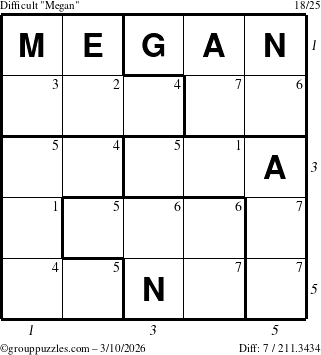 The grouppuzzles.com Difficult Megan puzzle for Tuesday March 10, 2026, suitable for printing, with all 7 steps marked