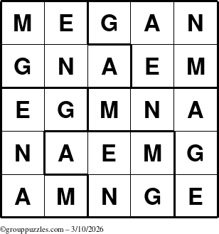 The grouppuzzles.com Answer grid for the Megan puzzle for Tuesday March 10, 2026