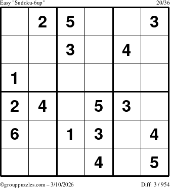 The grouppuzzles.com Easy Sudoku-6up puzzle for Tuesday March 10, 2026