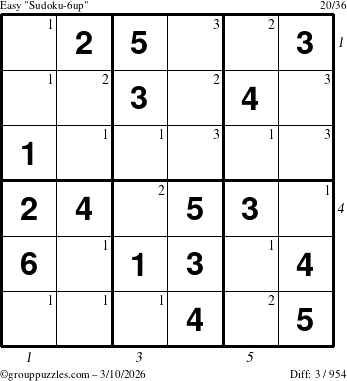 The grouppuzzles.com Easy Sudoku-6up puzzle for Tuesday March 10, 2026, suitable for printing, with all 3 steps marked