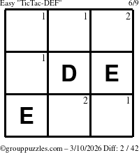 The grouppuzzles.com Easy TicTac-DEF puzzle for Tuesday March 10, 2026 with the first 2 steps marked