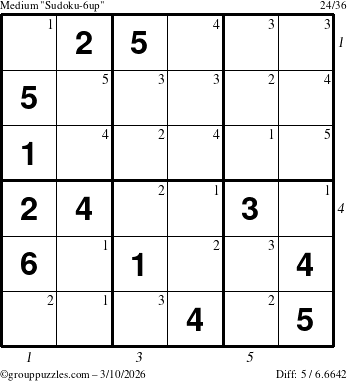 The grouppuzzles.com Medium Sudoku-6up puzzle for Tuesday March 10, 2026, suitable for printing, with all 5 steps marked