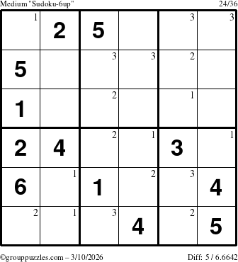 The grouppuzzles.com Medium Sudoku-6up puzzle for Tuesday March 10, 2026 with the first 3 steps marked