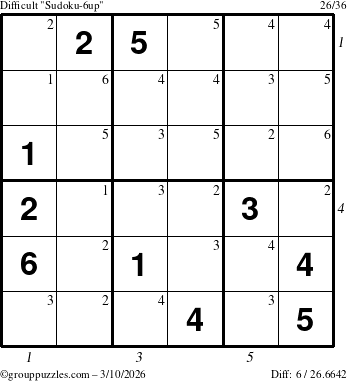 The grouppuzzles.com Difficult Sudoku-6up puzzle for Tuesday March 10, 2026, suitable for printing, with all 6 steps marked