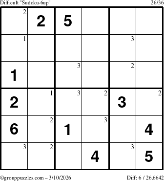 The grouppuzzles.com Difficult Sudoku-6up puzzle for Tuesday March 10, 2026 with the first 3 steps marked