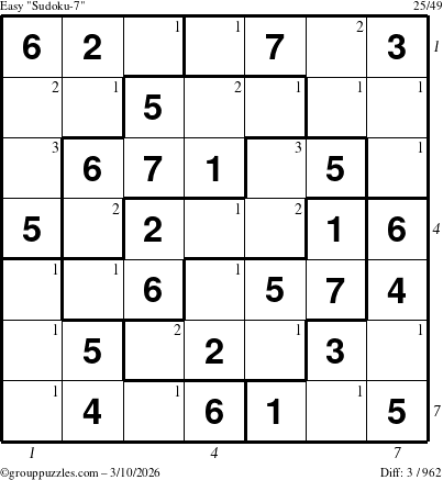 The grouppuzzles.com Easy Sudoku-7 puzzle for Tuesday March 10, 2026, suitable for printing, with all 3 steps marked