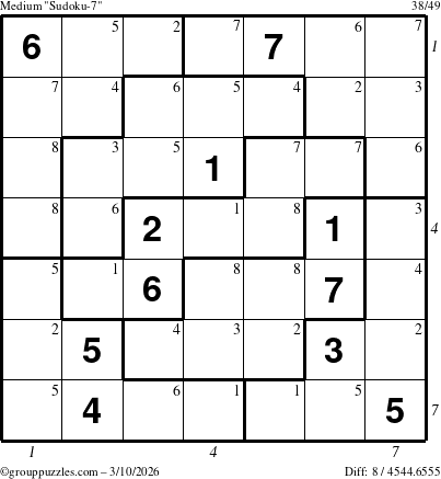 The grouppuzzles.com Medium Sudoku-7 puzzle for Tuesday March 10, 2026, suitable for printing, with all 8 steps marked