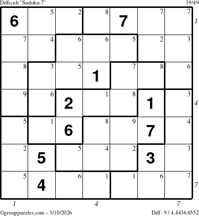 The grouppuzzles.com Difficult Sudoku-7 puzzle for Tuesday March 10, 2026, suitable for printing, with all 9 steps marked