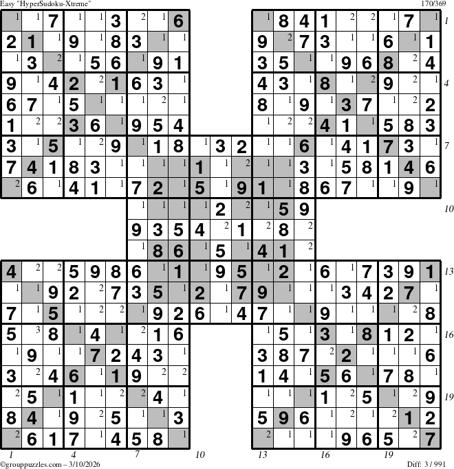 The grouppuzzles.com Easy HyperSudoku-Xtreme puzzle for Tuesday March 10, 2026 with all 3 steps marked