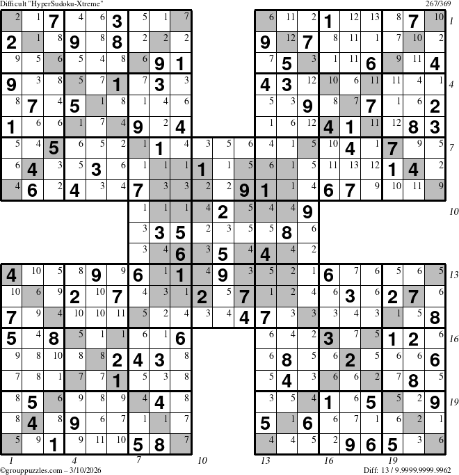 The grouppuzzles.com Difficult HyperSudoku-Xtreme puzzle for Tuesday March 10, 2026 with all 13 steps marked