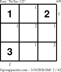 The grouppuzzles.com Easy TicTac-123 puzzle for Tuesday March 10, 2026 with all 2 steps marked