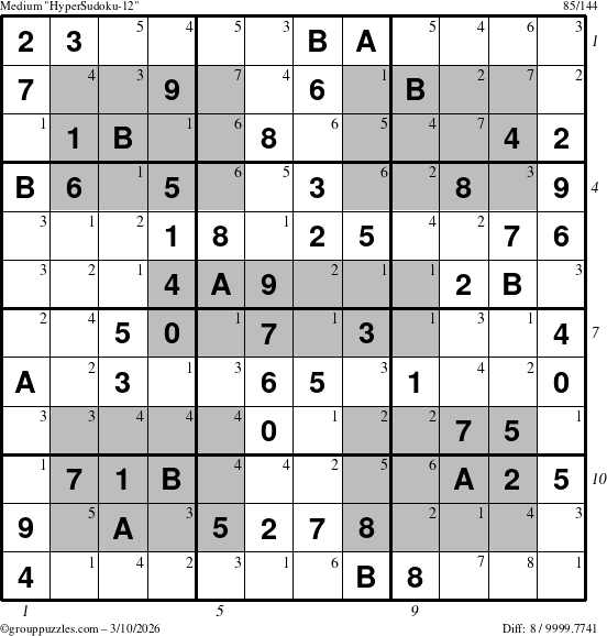 The grouppuzzles.com Medium HyperSudoku-12 puzzle for Tuesday March 10, 2026 with all 8 steps marked