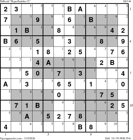 The grouppuzzles.com Difficult HyperSudoku-12 puzzle for Tuesday March 10, 2026 with all 10 steps marked