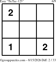 The grouppuzzles.com Easy TicTac-123 puzzle for Saturday August 15, 2026