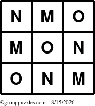 The grouppuzzles.com Answer grid for the TicTac-MNO puzzle for Saturday August 15, 2026